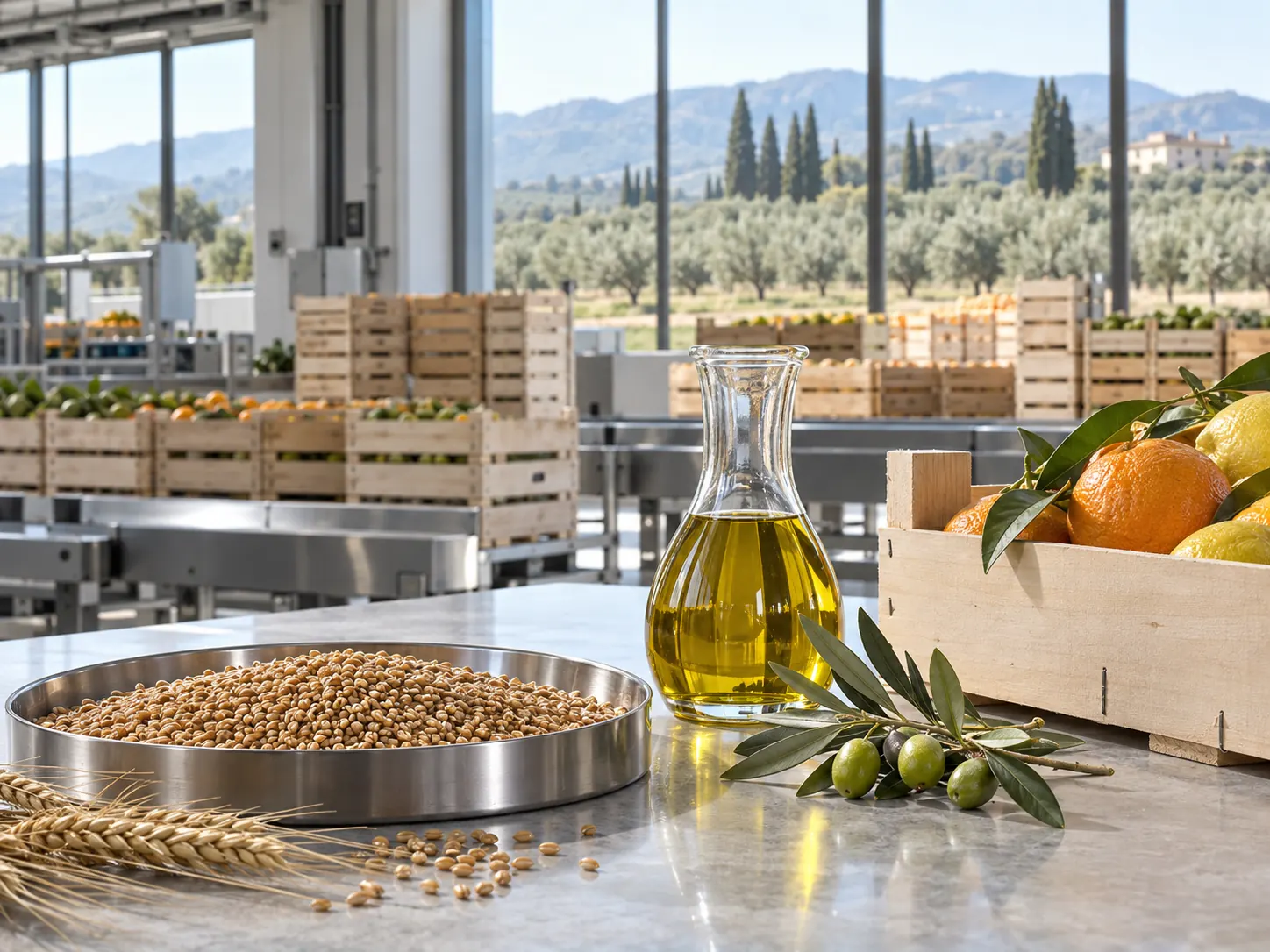 AI-generated sector image of grain, olive oil and citrus in a produce facility