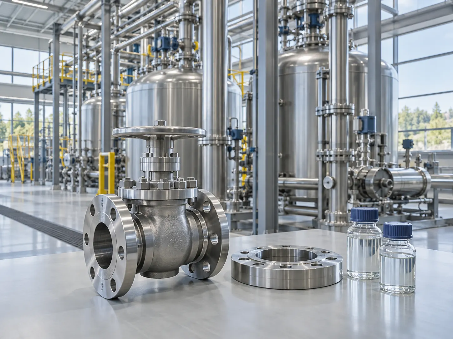 AI-generated sector image of industrial valves, sample vessels and stainless steel equipment